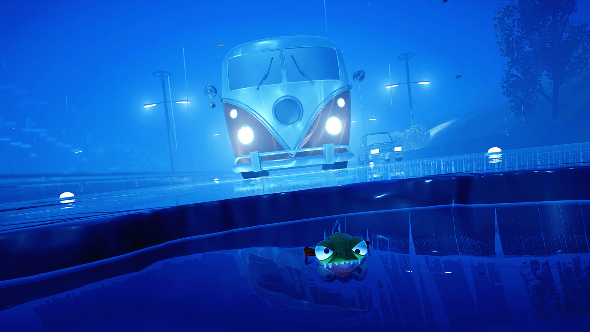 In game image of a campervan and a fish character